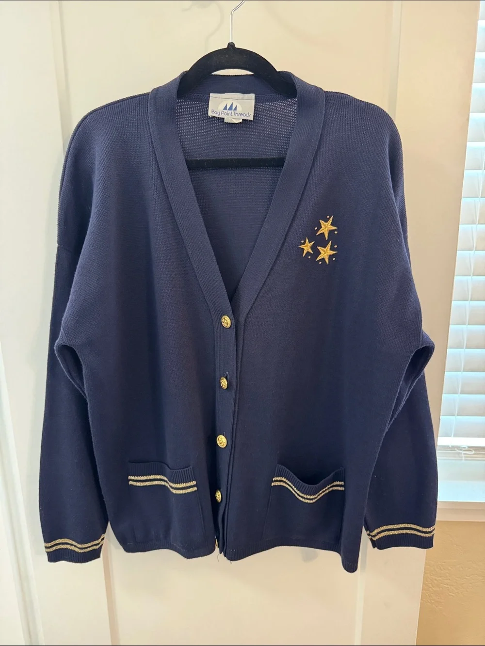 Vintage Bay Point Thread Navy Nautical Cardigan Gold Buttons Stars XL USA